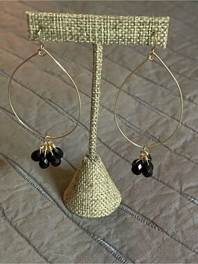 Morgan Jean Gold Teardrop Hoop Earrings with Black Gemstone Drops